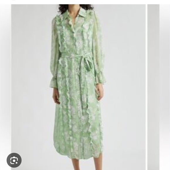 Cinq a Sept Estelle Green Floral Print Long Sleeve Ruffle Maxi Dress Size 4 New - Picture 1 of 6